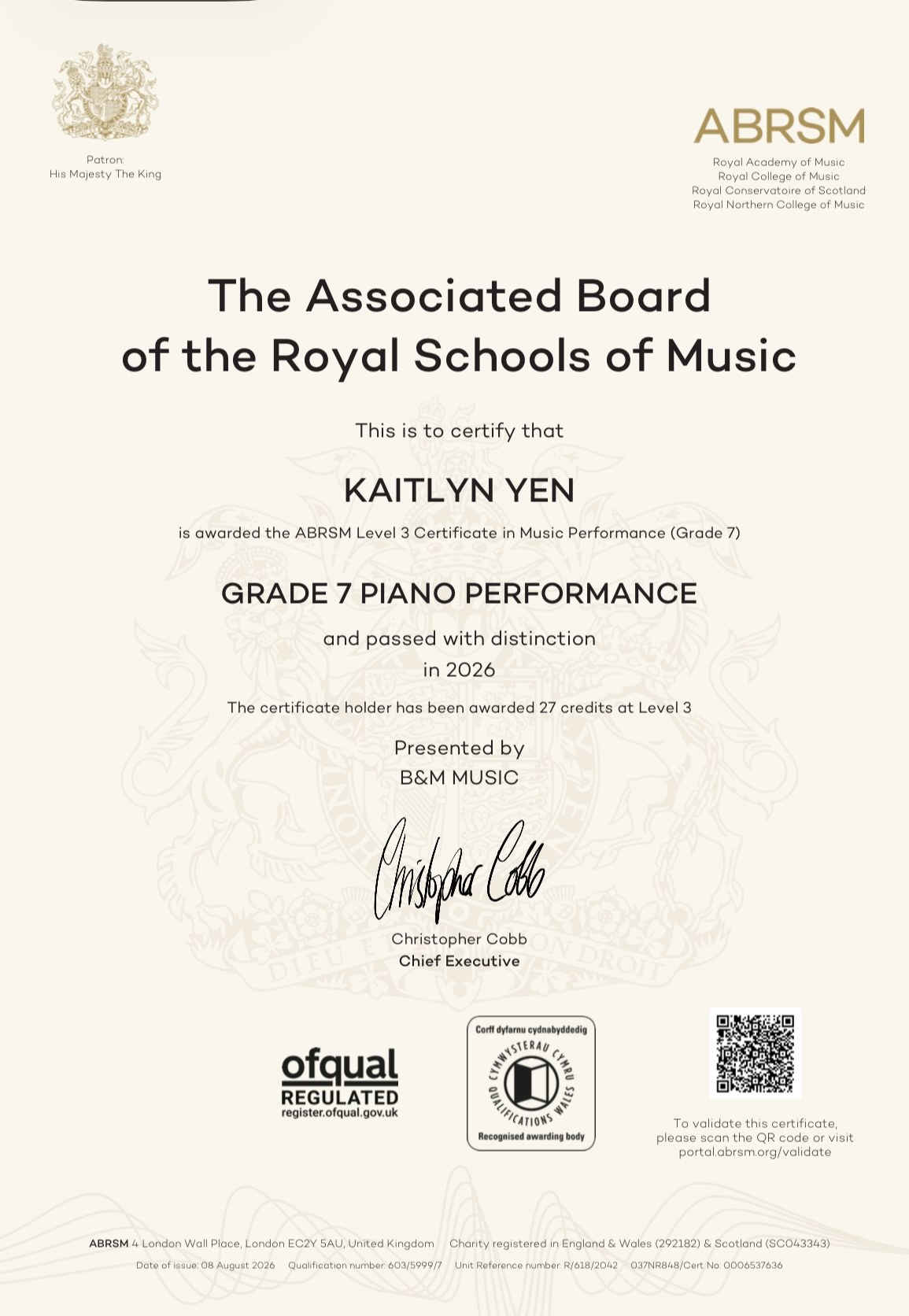 Kaitlyn Yen (age 9)  ABRSM lv.7 distinction